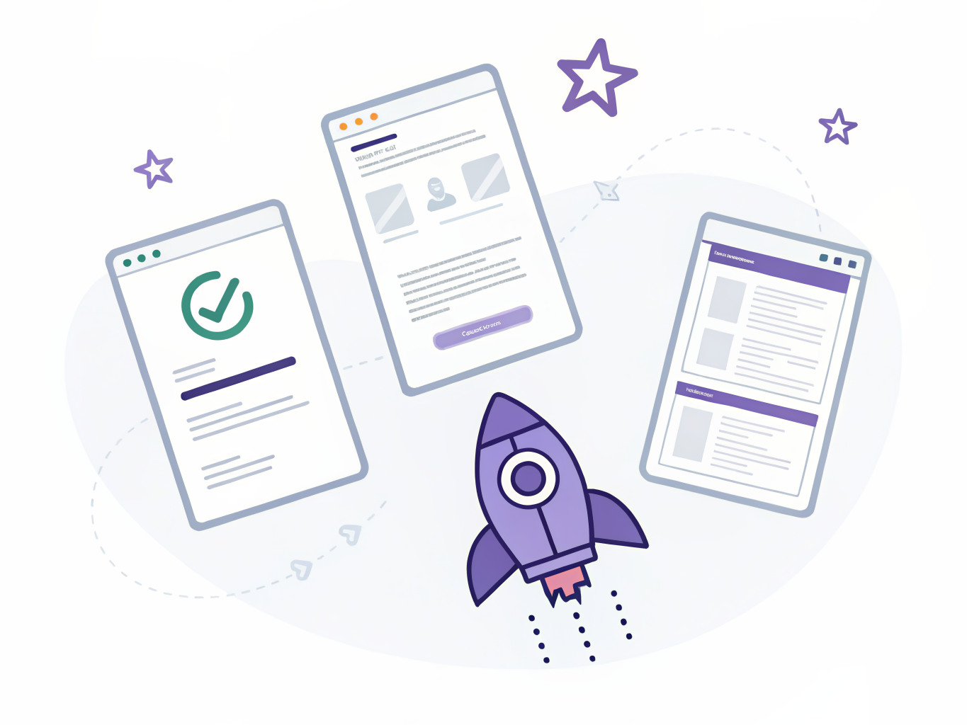 Three floating app windows with rocket launching upward