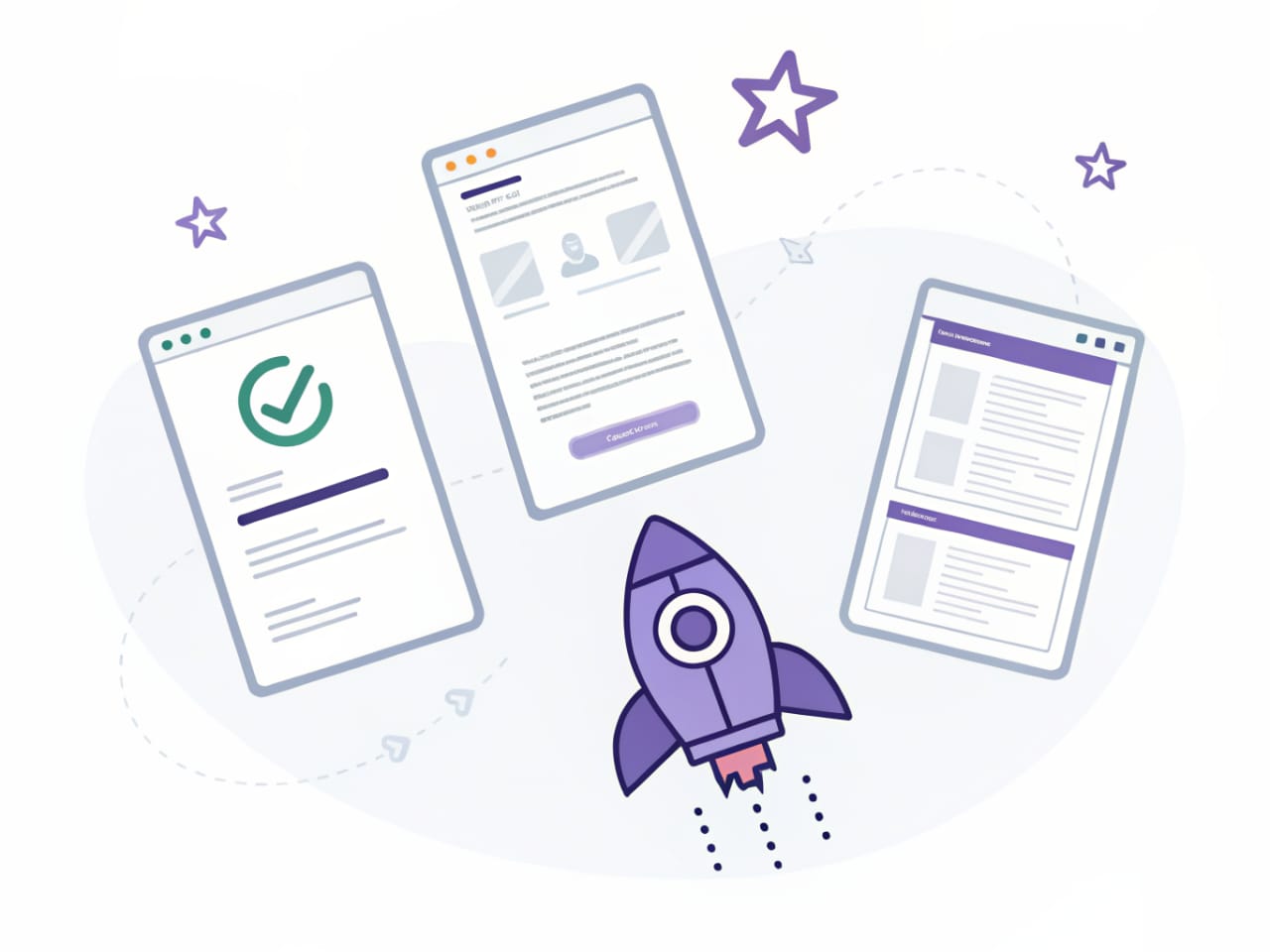 Three floating app windows with rocket launching upward